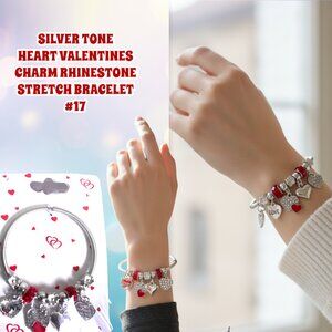 #17 SILVERTONE HEART RED BEADED VALENTINES FLOWER CHARM BRACELET